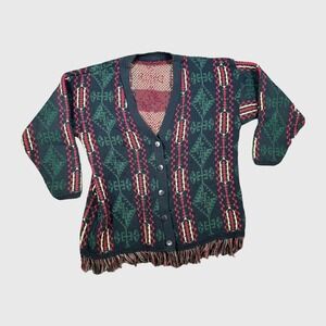 Vintage Southwestern Fringe Geometric Knit Cardigan Sweater Navy Green Red JK 23